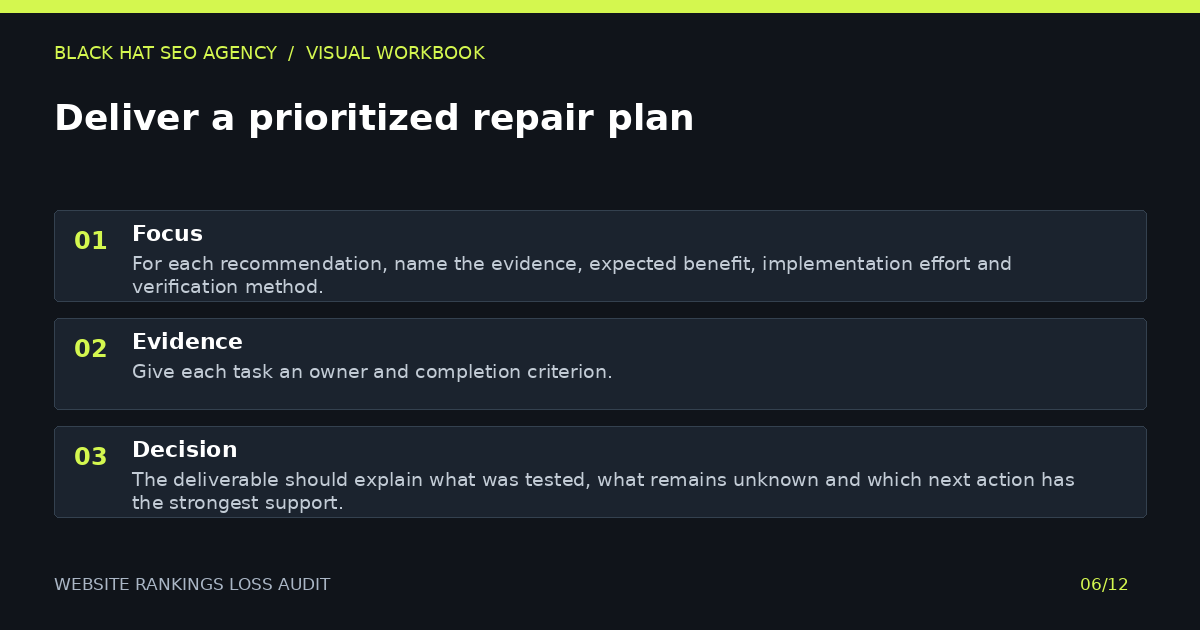 Deliver a prioritized repair plan — visual summary